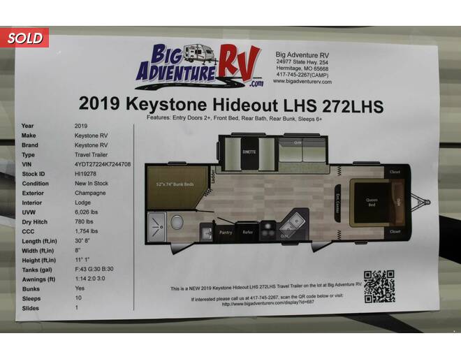 2019 Keystone Hideout LHS 272LHS Travel Trailer at Big Adventure RV STOCK# Hi19278 Photo 27