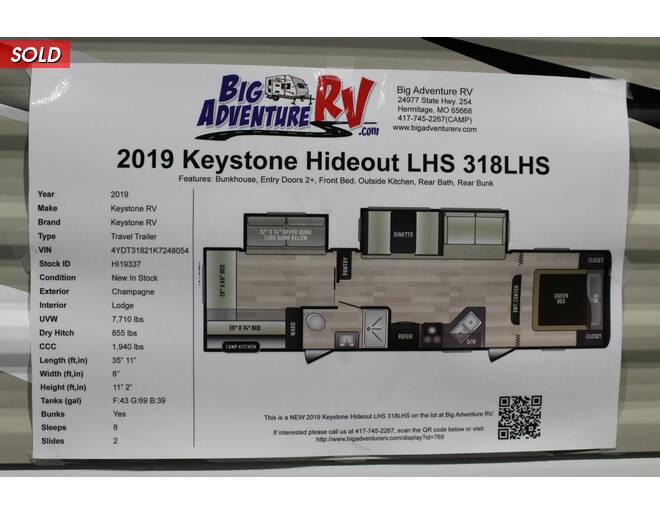 2019 Keystone Hideout LHS 318LHS Travel Trailer at Big Adventure RV STOCK# Hi19337 Photo 5